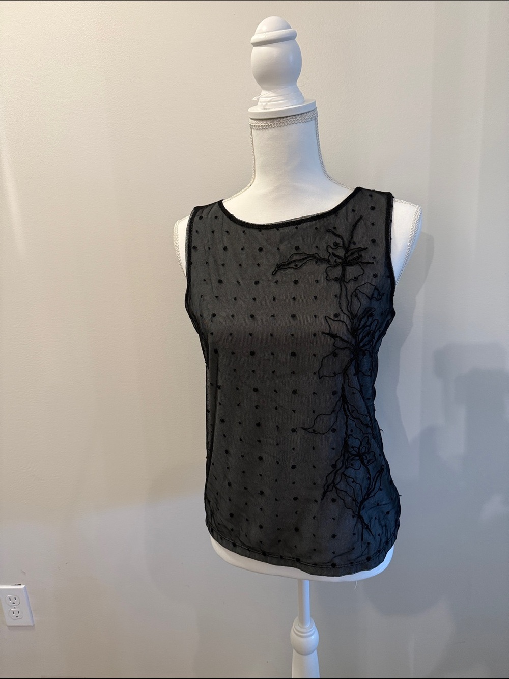 Alfani Black Sheer Polka Dot Floral Appliqué Sleeveless Camisole